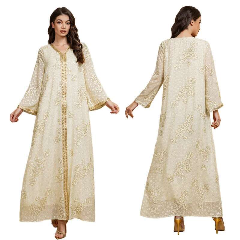 Dongdumaoyi Lente Nieuwe Jacquard Chiffon Pailletten Lint Lange Jurk Midden Oosten Moslim Gewaad W