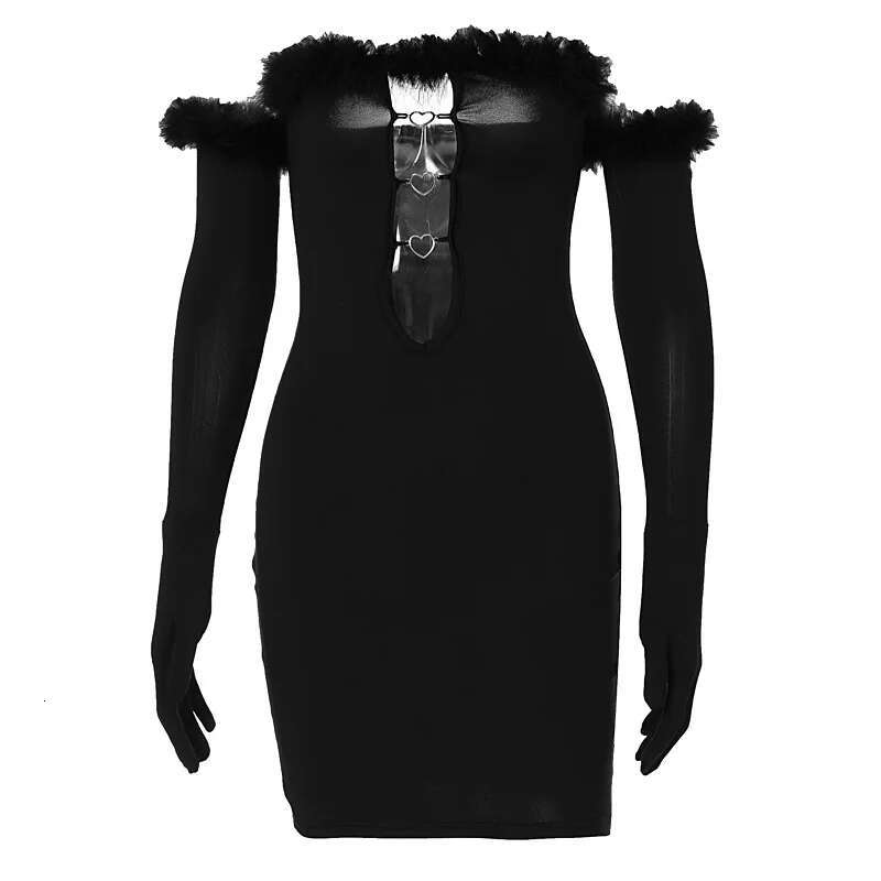 Dongdumaoyi Lente One Shoulder Uitgeholde Handschoen Met Lange Mouwen Harige Bustierjurk C
