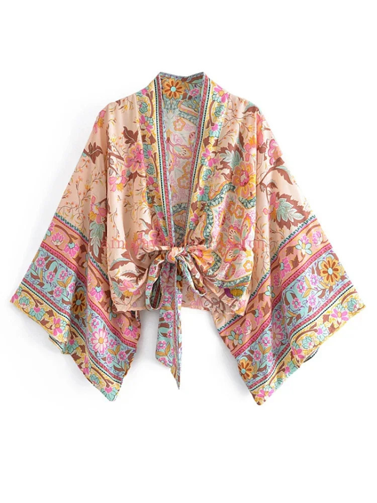 Bohemian retro printed beach summer short kimono womens fashionable casual Vneck batwing sleeves top 250326