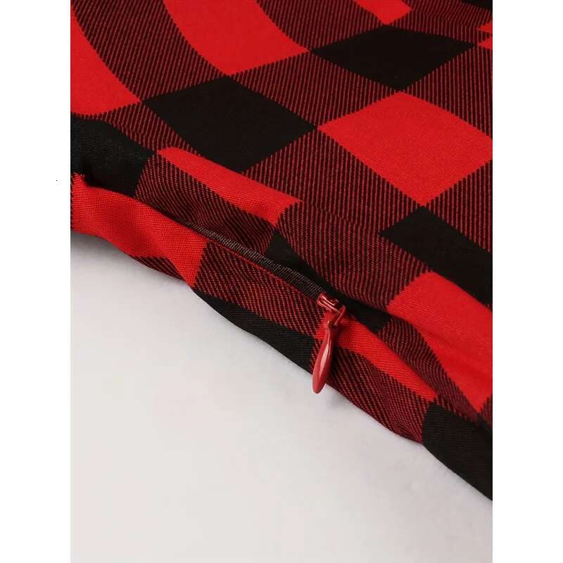 Dongdumaoyi Elegante Jaren Retro Gotische Rode Geruite Jurk Voor Dames V Hals Korte Mouw Met Riem Knielengte Mix Wasbaar In De Machine