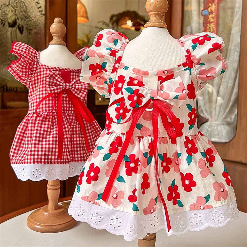 Pet Summer Flying Sleeve Dress Flower Bow Plaid Princess Dresses For Small Dog Cat Fashion Lace Ruffles Puppy Clothes 250326