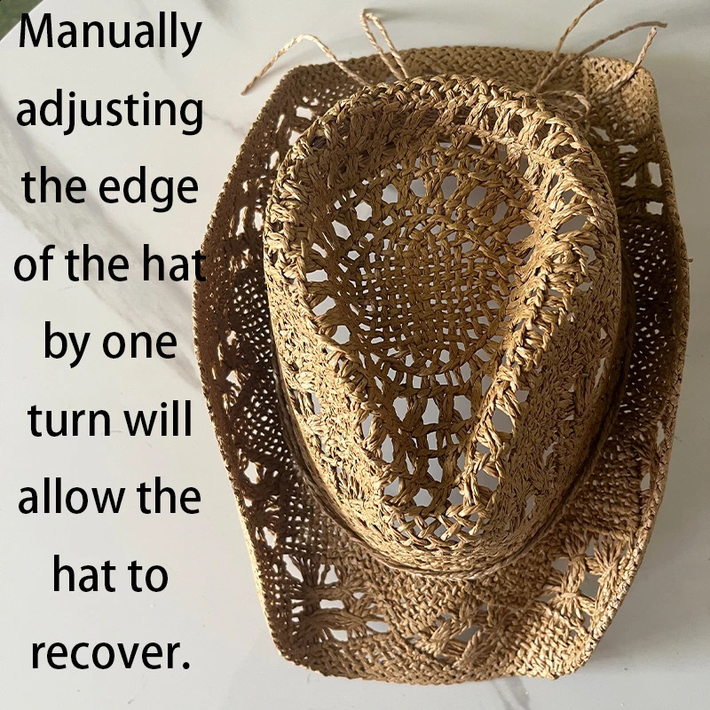 Straw Western Cowboy Hat for Women Men Classic Vintage Hollow Out Unisex Curled Wide Brim Sun Hat Fishing Hat Climbing Cap 250326