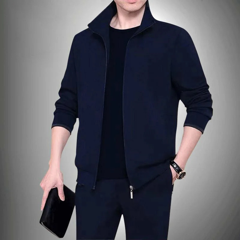 Two piece set for middleaged and elderly men casual wear sportswear long sleeved mens version solid color cardigan wool sweater 250326