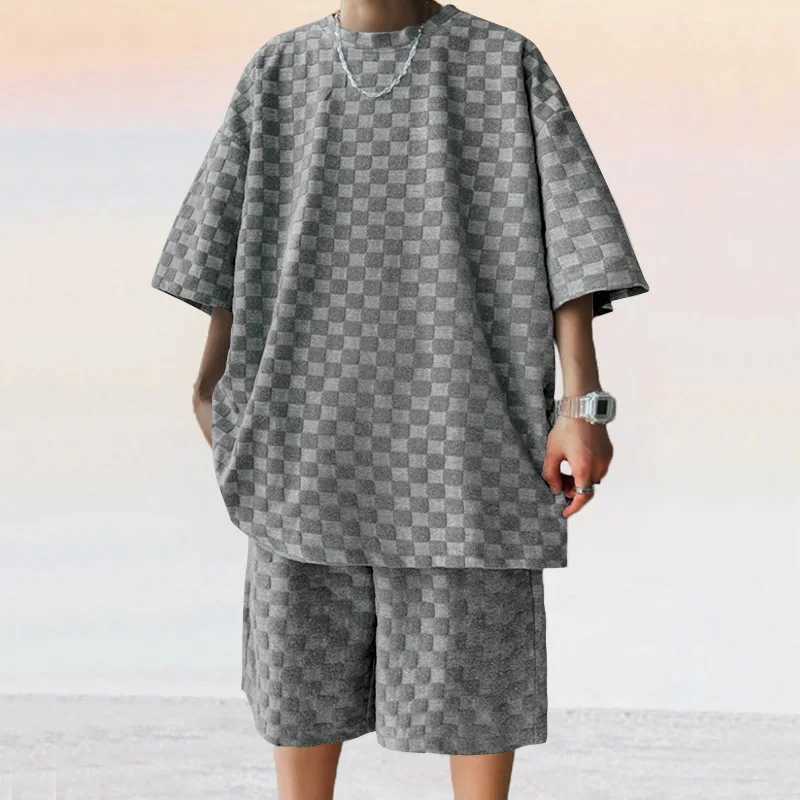 Mens sportswear summer new Korean High Street jacquard plain T-shirt two-piece set mens casual retro loose O-neck topXJ250326