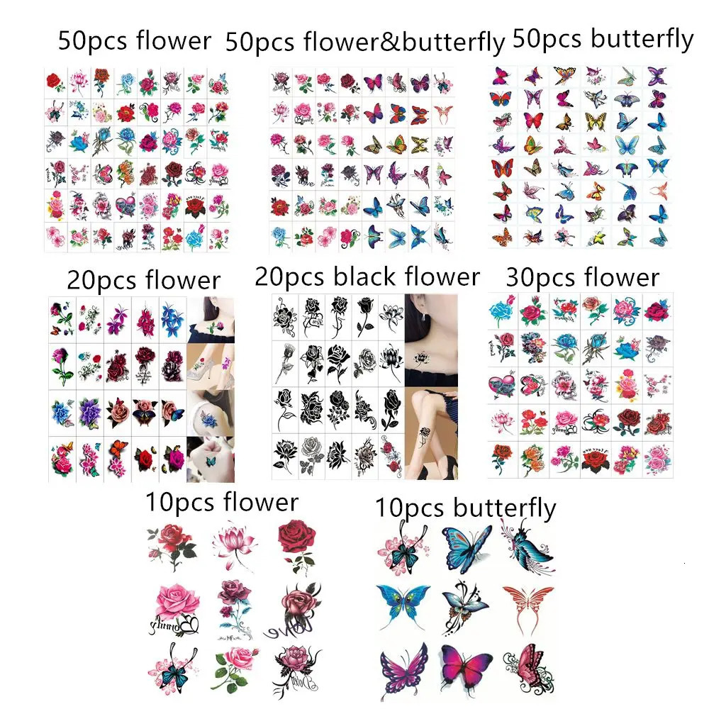 10203050Pcs Waterproof Temporary Tattoo Sticker Removable Body Art Butterfly Flower Women Men Fashion Stickers 250325