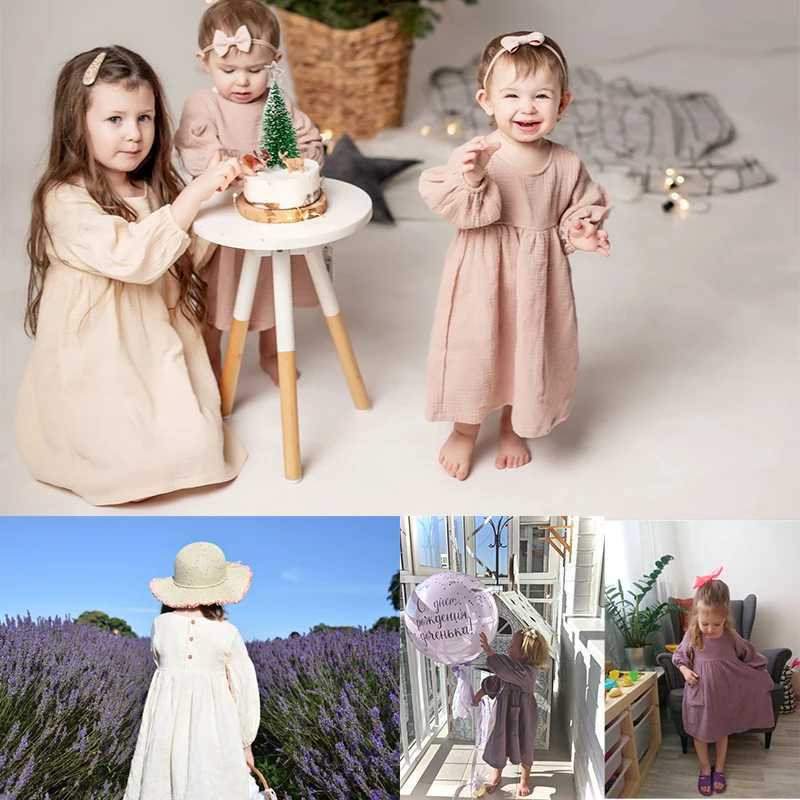 Autumn and Spring Childrens Clothing Organic Cotton Double Gauze Loose Pocket Baby Girl Dress Fashion Princess Casual Childrens Dress W250326