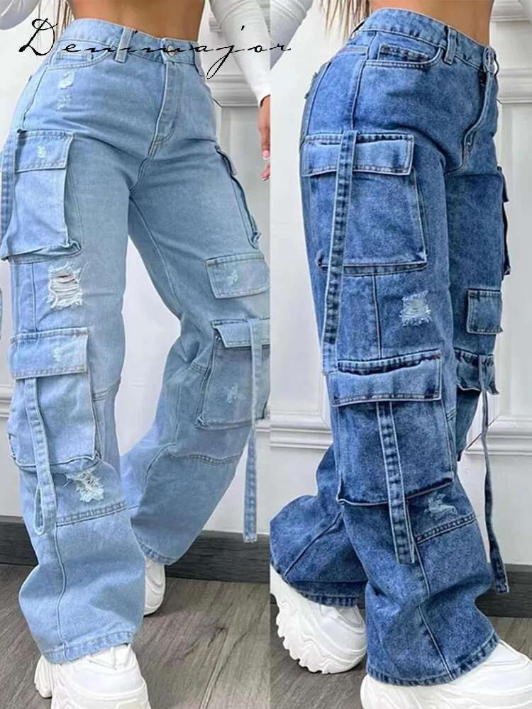 Casual Pocket Loose Hole Women's Jeans High Waist Wide Legs Zipper Female Straight Trouser Spring Summer Fashion Streetwear