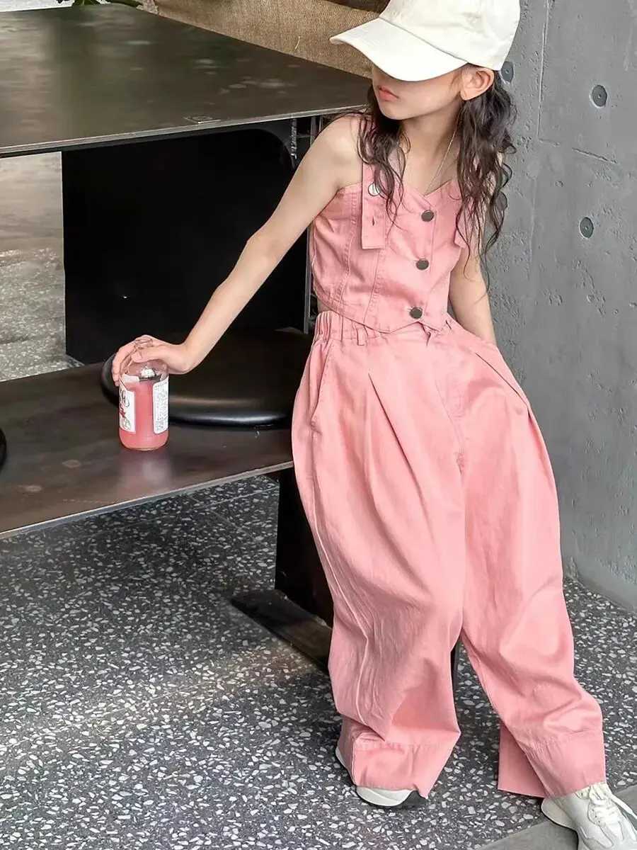 Childrens clothing girls denim summer suit teenagers vest loose straight leg pants two-piece set KoreanT250327