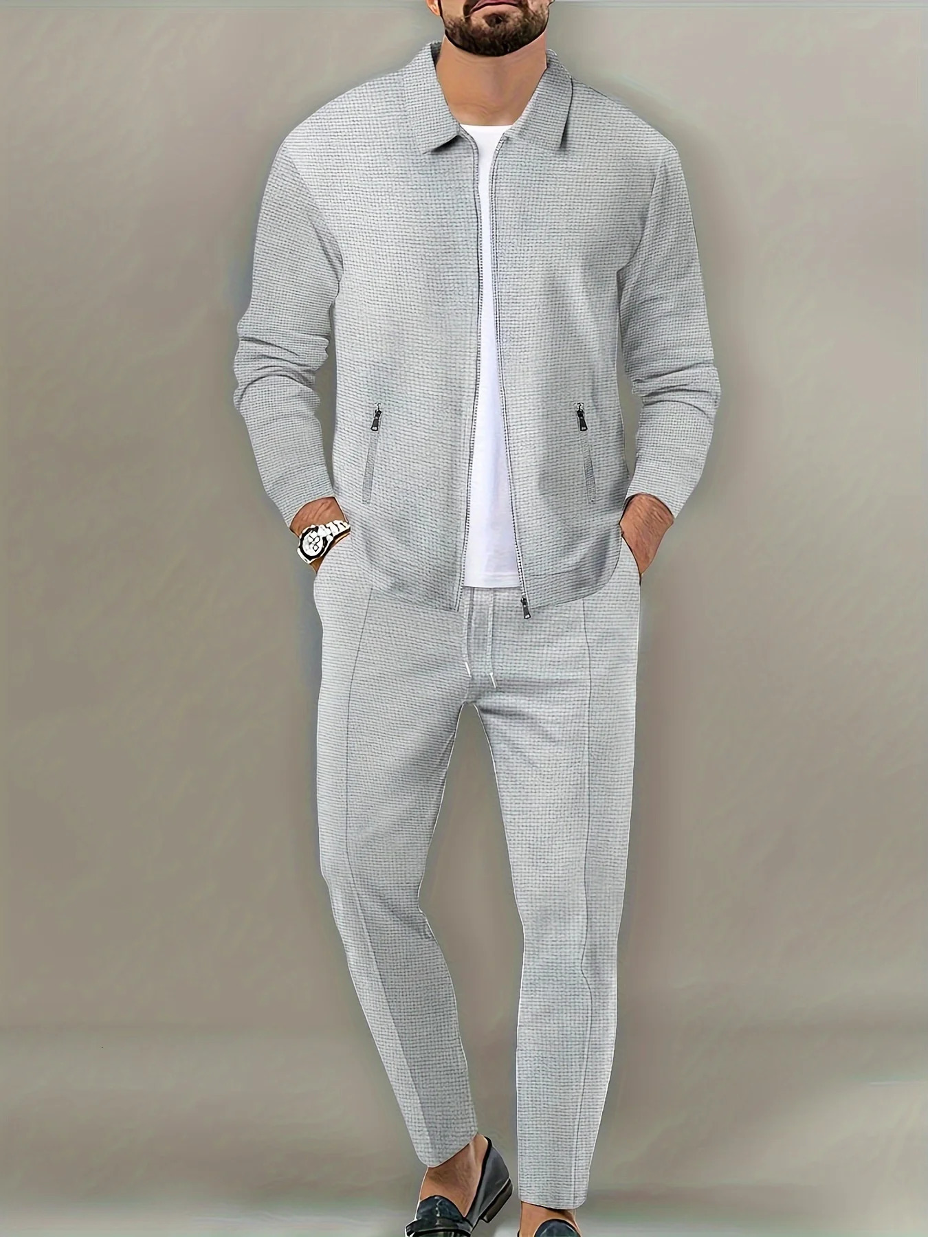 Mens slim fit jacket with zippered pockets long sleeved sweatshirt cardigan set pants elegant twopiece 250326