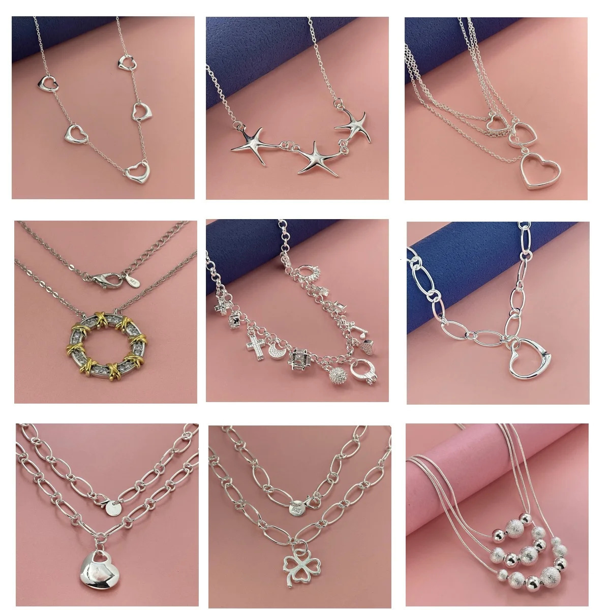 Wholesale 925 sterling silver necklace starfish heart water droplets rose beads charm pendant womens party jewelry gift 250325