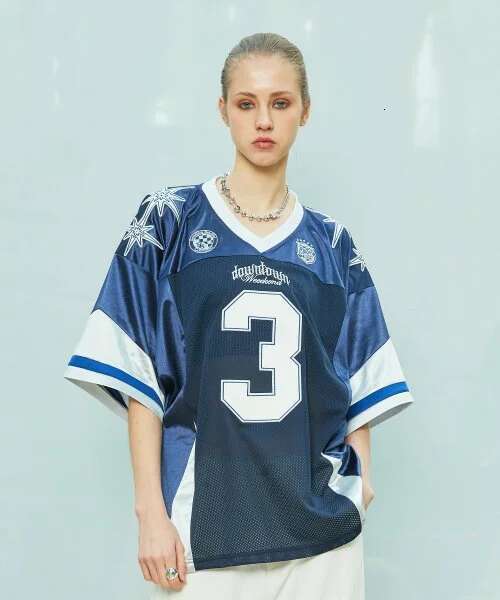 New American Retro Jersey Hip-Hop Short-Sleeved T-Shirt Summer High Street Design Loose Casual Sports Shoulder Sleeve Top