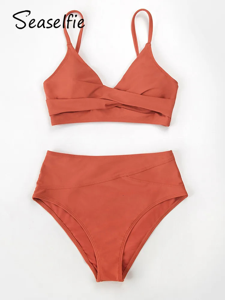 SEASELPIE sexy twisted vest high waisted bikini set swimsuit womens pure red Vneck beachwear 250327