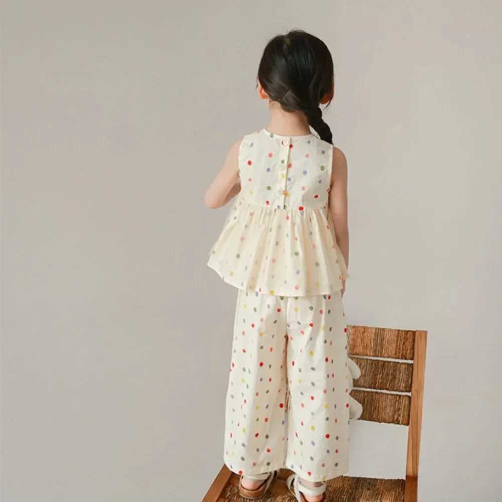 Summer mesh childrens set sleeveless polka dot top+wide leg pants 2-piece set for girls clothing casual set 3-7 YT250327