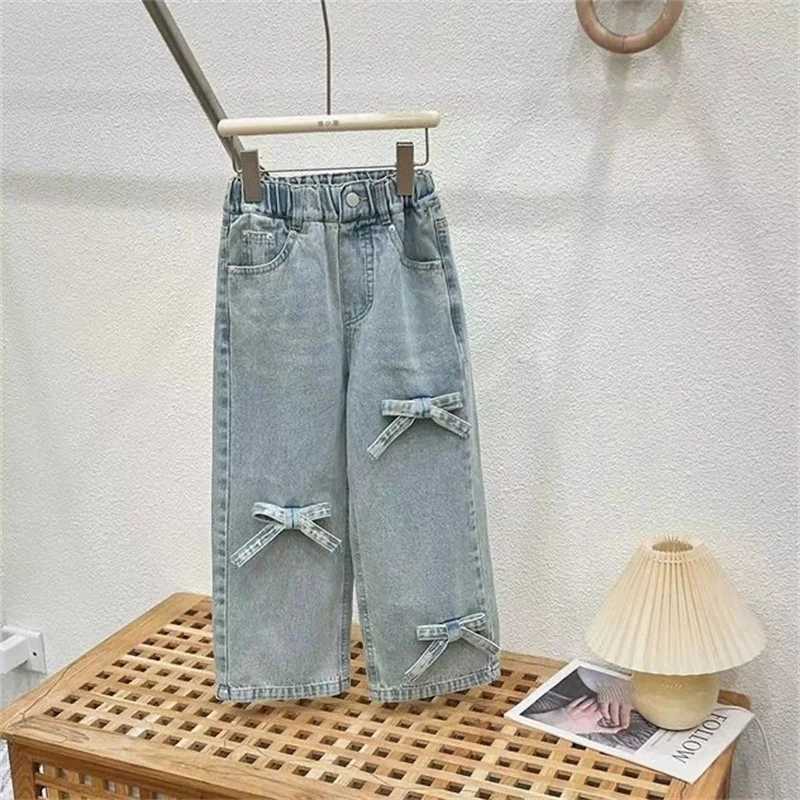 Childrens clothing set girls bow top childrens short sleeved T-shirt jeans 2 pieces summer new fashion set 3-10 yearsT250327