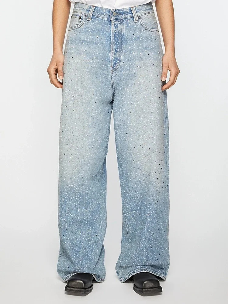 Full Rhinestone Print Washed Blue Baggy Jeans Mens and Women Ropa Hombre Streetwear Solid Casual Denim Trousers Loose Cargos 250317