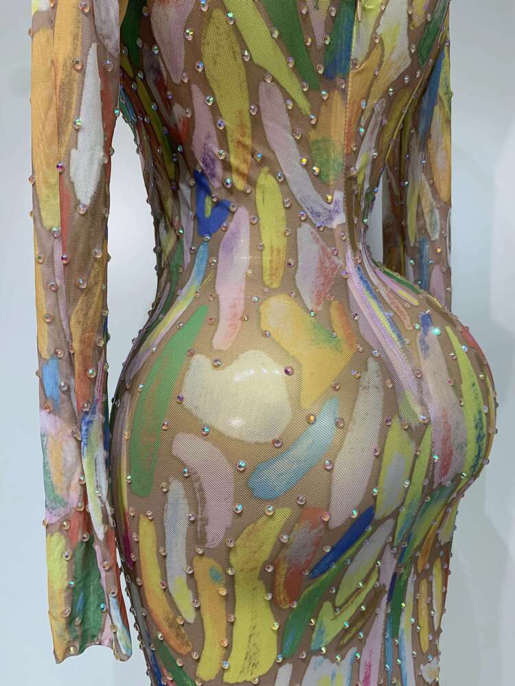 Sparkly Rhie Stretchy Mesh See Through Jumpsuit Women Performance Dancer Costume Rompers Party Nightclub Stage Outfit