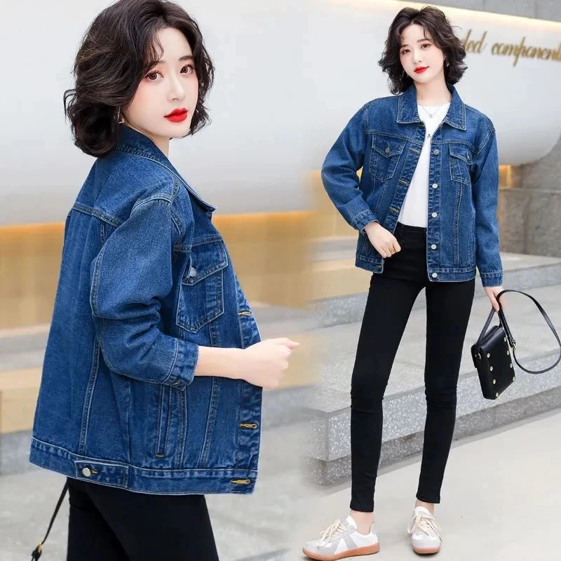 Spring and autumn single breasted womens denim jacket loose long sleeved top casual jeans 250326