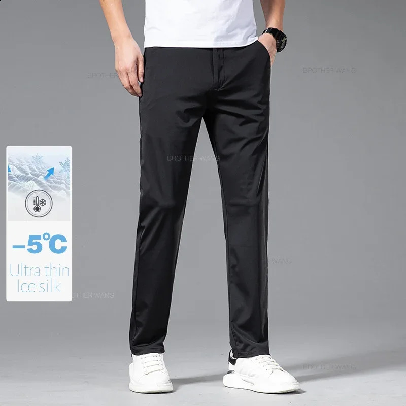 Summer Ultra-thin Ice Silk Quick-drying Casual Pants Male Gray Black High Elastic Straight Draped Mens Business Casual Trousers 250317
