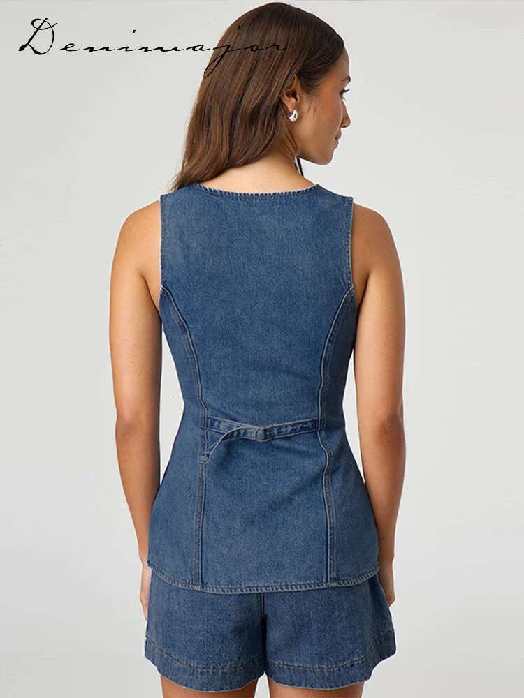 Street Denim Vest Set Women Solid Single Breasted V-Neck Sleeveless Top High Waist Shorts Female Summer Elegant Lady Suits