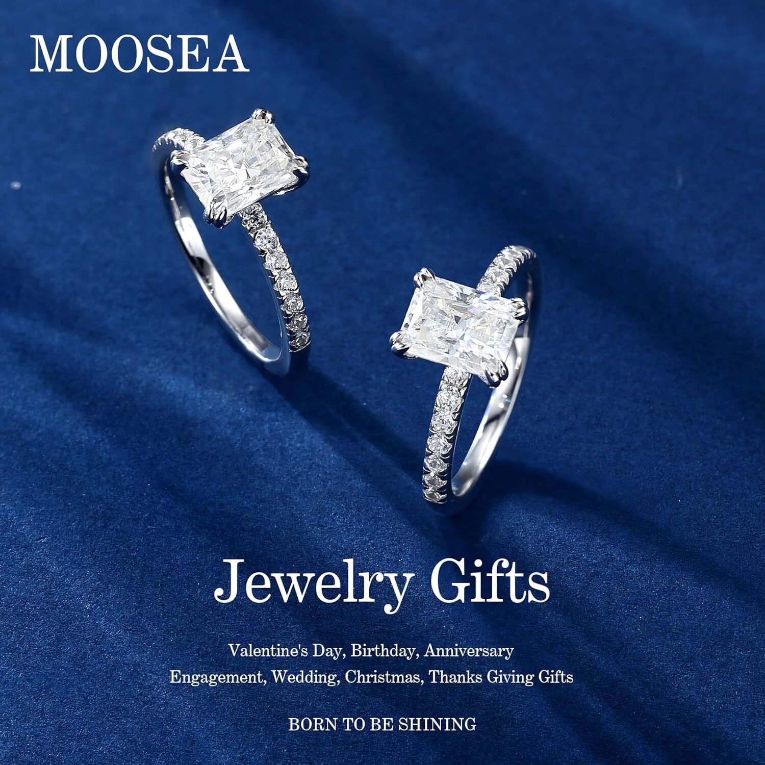 MOOSEA 2ct Radiant Cut Moissanite Rings for Women D C olorV VS1C larityL abC reatedM oissaniteW eddingR ingsf orW omen1 4KW hiteG oldP latedM oissanit