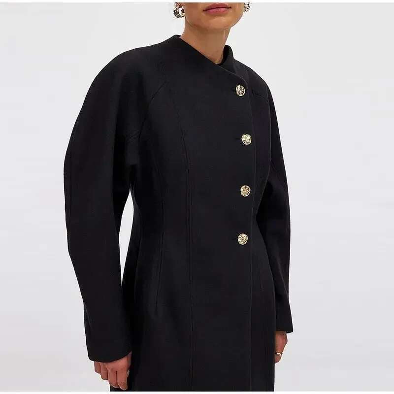Women's Coat Elegant Women Woolen Long Coats O-Neck Full Sleeve Single Breasted Outwear Female Autumn Winter New Lady Streetwear