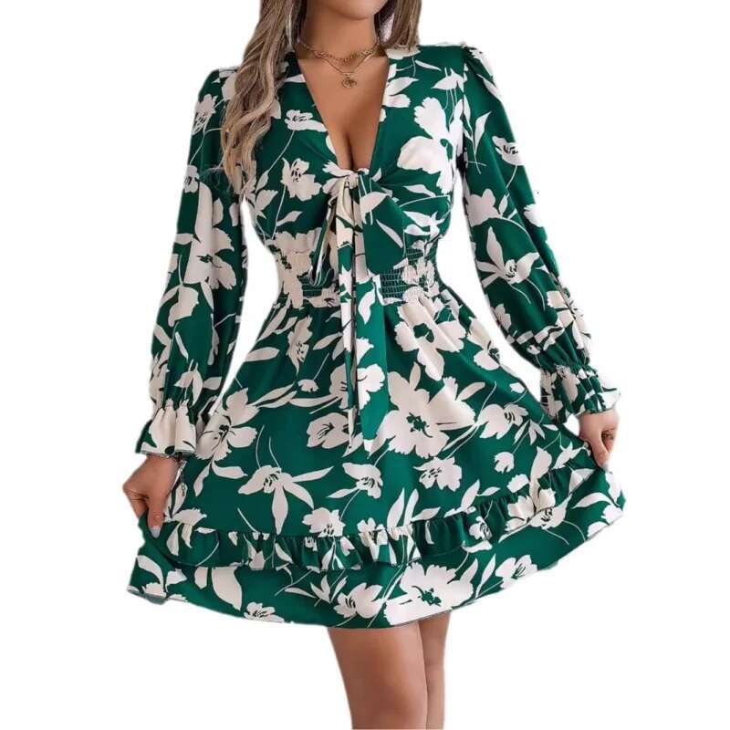 Dongdumaoyi Herfst Winter Casual Bloemen Stropdas Lange Mouwen Ruches Rand Damesmode Jurk C