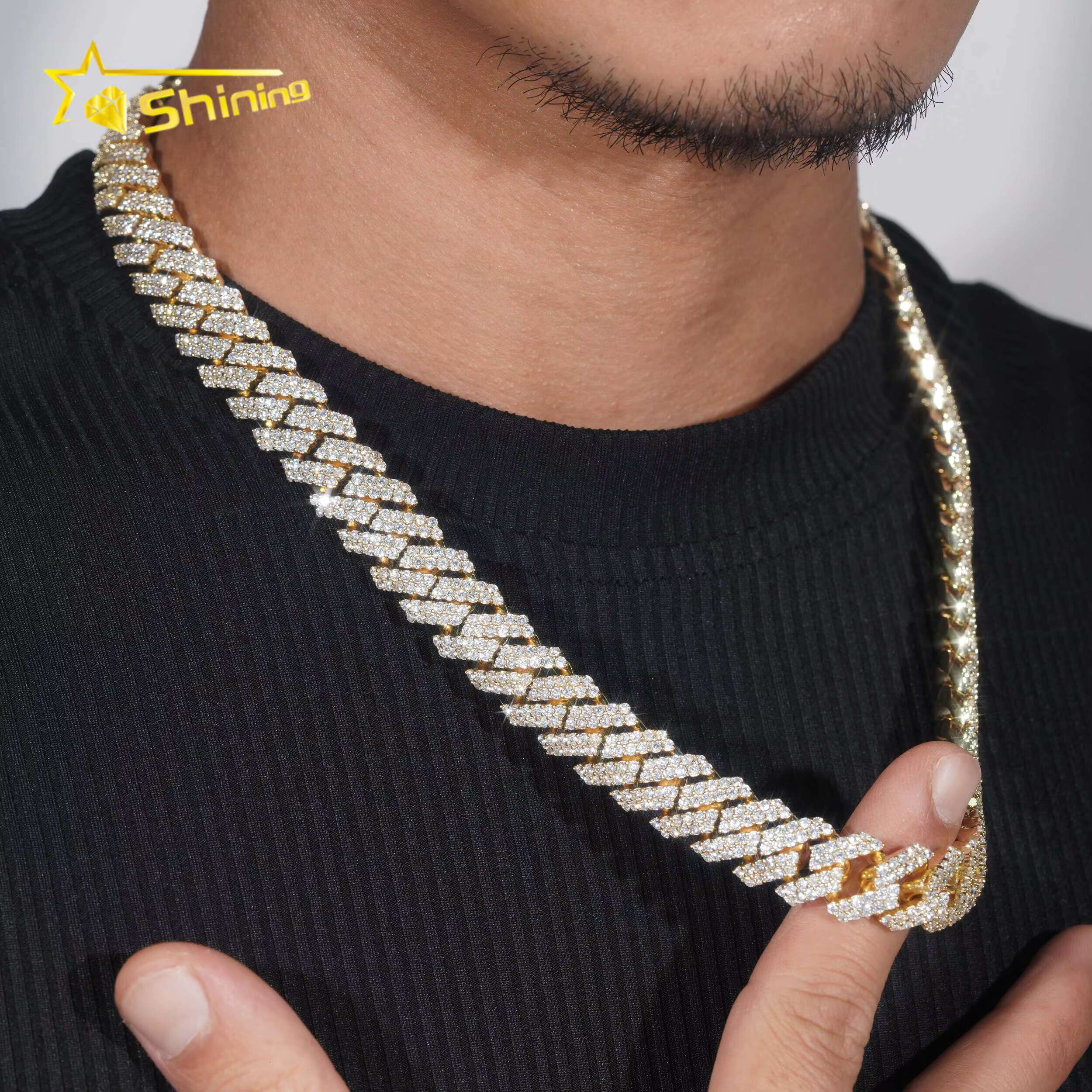 Cuban Chain Gold Plated Sterling Silver 925 Pass Diamond Tester Moissanite Hip Hop Men Jewelry Iced Out 15mm Cuban Link Chain