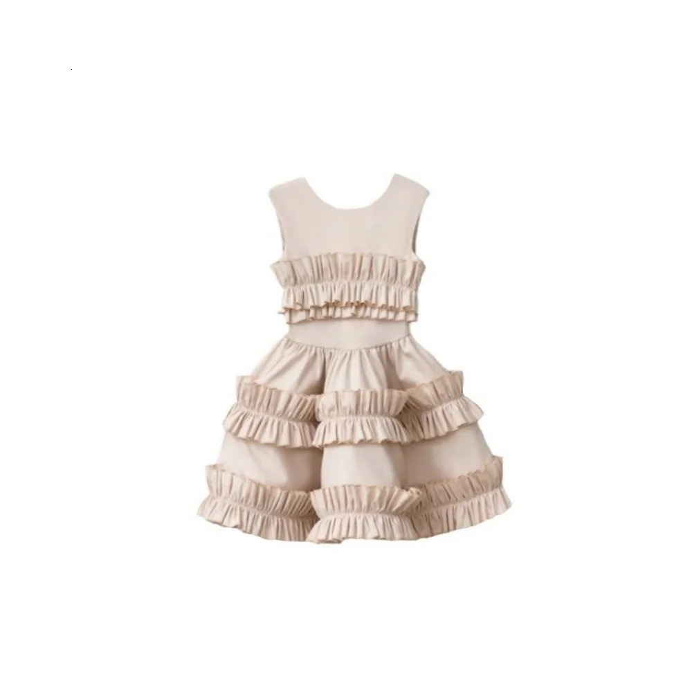 5667 Children Dress 2025 Ins Eastern Europe Spring and Summer Girls Dress Linen Slim Backless Cake Lace Skirt 250326