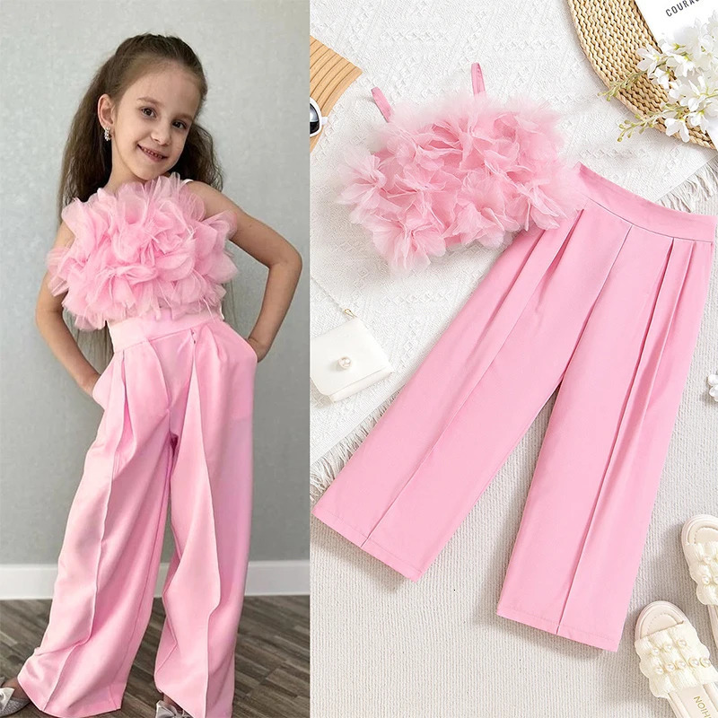 Summer Girls Clothes Set Princess Floral TopsWide Leg Pants Fashion Children Clothes Two Piece Sets 250326
