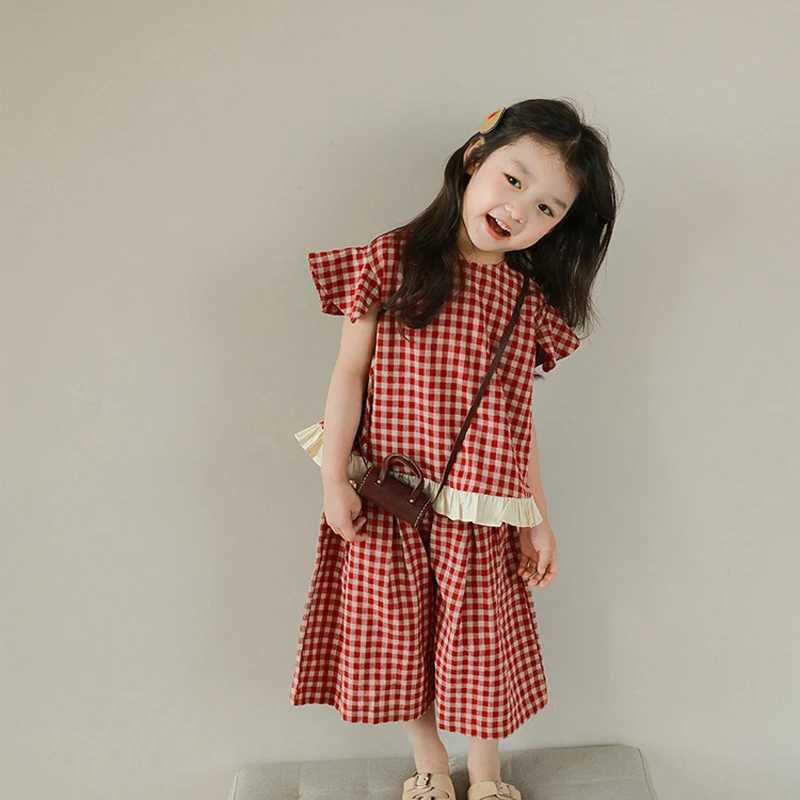 2023 Summer New Girl Plaid Set Personalized Small Sleeve Short Sleeve+Wide Leg Pants Fashion Clothing SetT250327