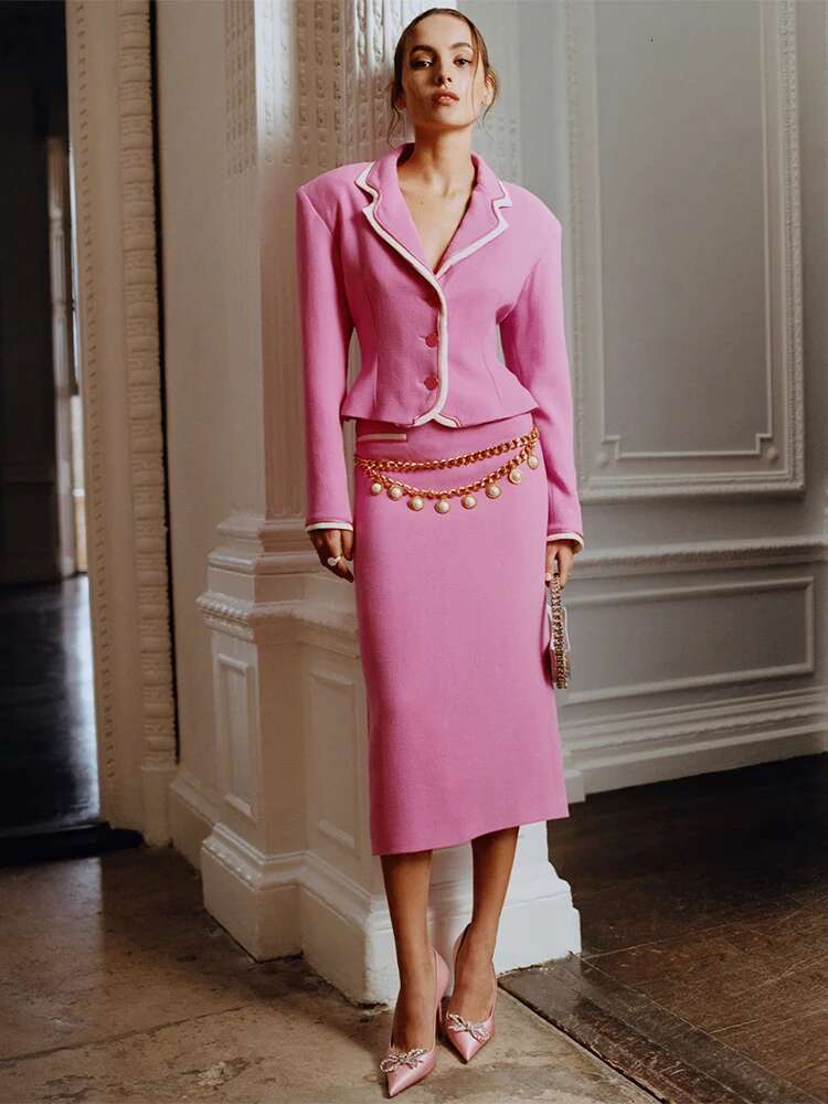HIGH STREET Newest Fashion 2024 Designer Set Women's Color Block Slim Fitting Blazer Chains Midi Skirt Suit