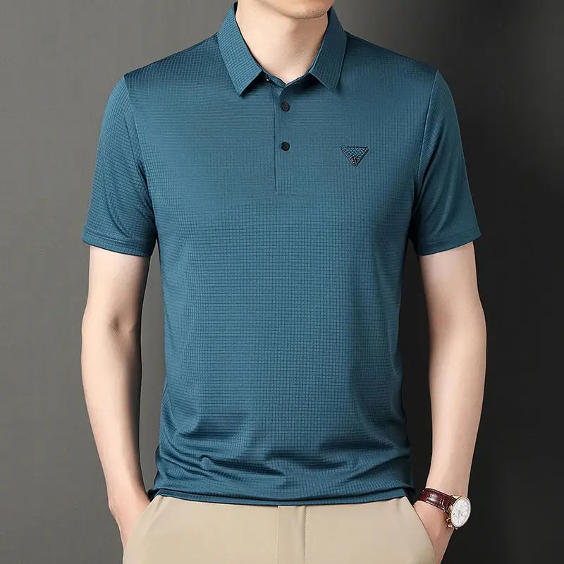 Ice Silk Mens Tshirt Shortsleeved POLO Shirt Solid Color Business Top Dad Middleaged 250311