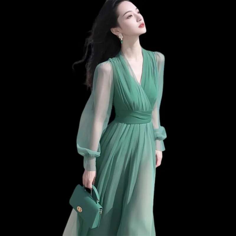 Dongdumaoyi Nieuwe V Taille Kalkende Afslankende Sprookjesachtige Elegante Mesh Jurk Deepv Feestjurk Met Lange Mouwen C