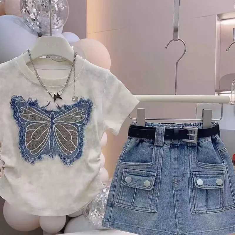 Girls clothing set for summer personalized patchwork fabric embroidered short sleeved top+childrens casual denim bodysuitT250327