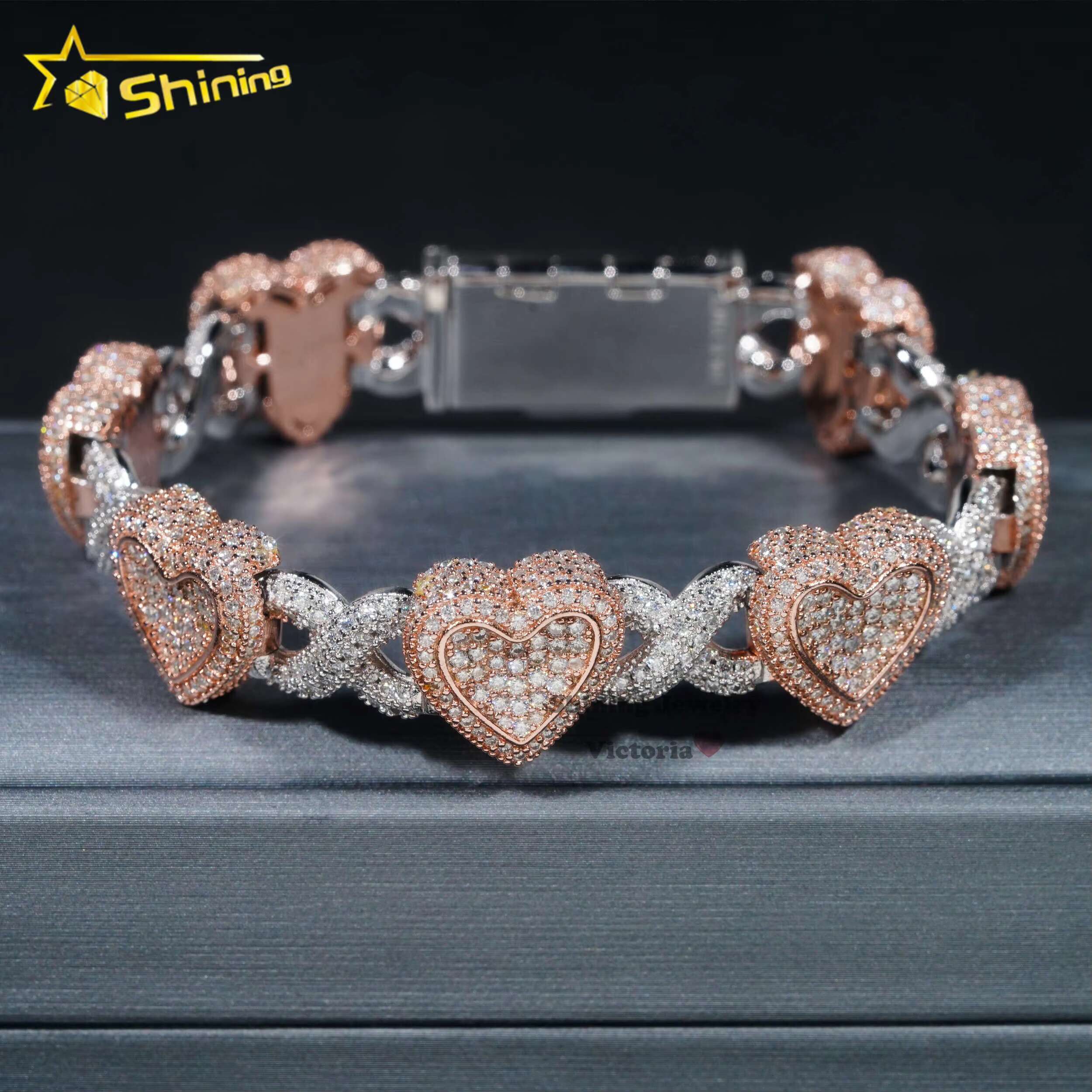 New Design 13mm Luxury 925 Sterling Silver Two Stone Rose Gold Iced Out Hip Hop Jewelry VVS Moissanita Diamond Heart Bracelet