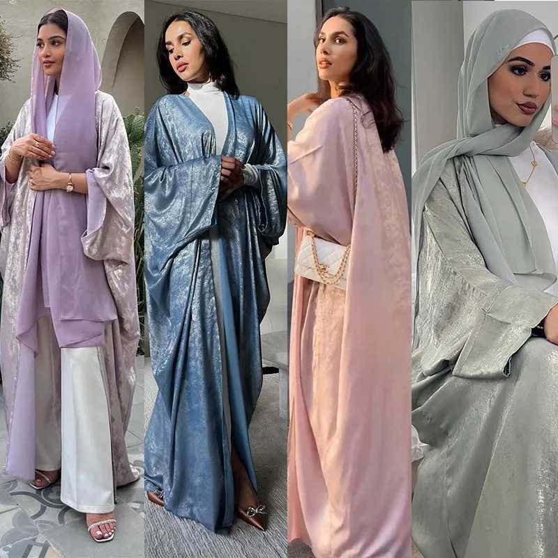 Ramadan Eid Shiny Batwing Satin Open Kimono Abaya Dubai Luxury Muslim Abayas For Women Kaftan Dress Islamic Clothing Femme Robes X250514