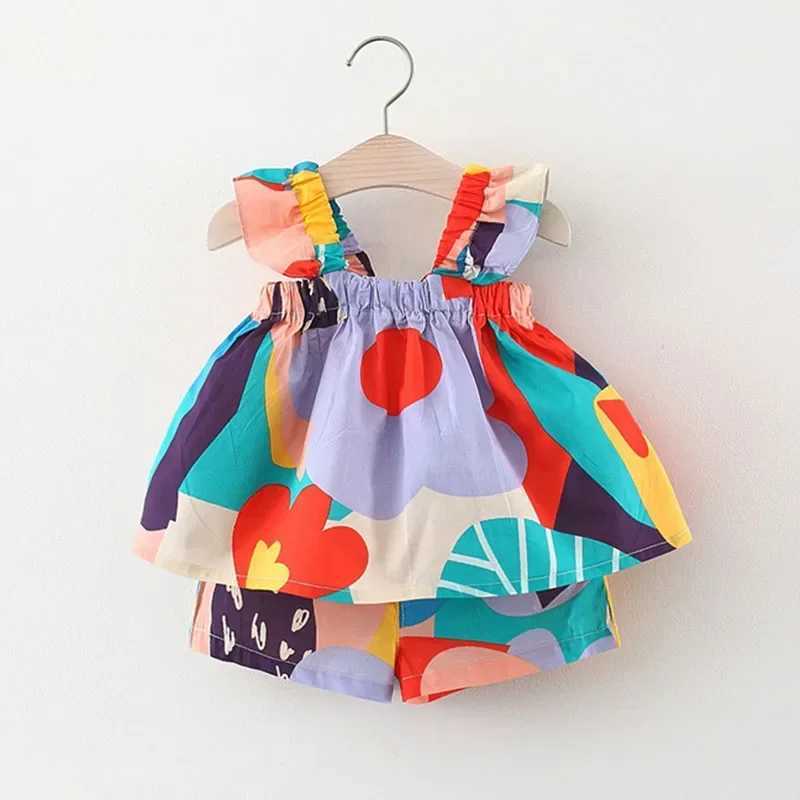 Summer baby girl clothing set hanging top color matching floral vest+childrens casual pants childrens clothing setT250327