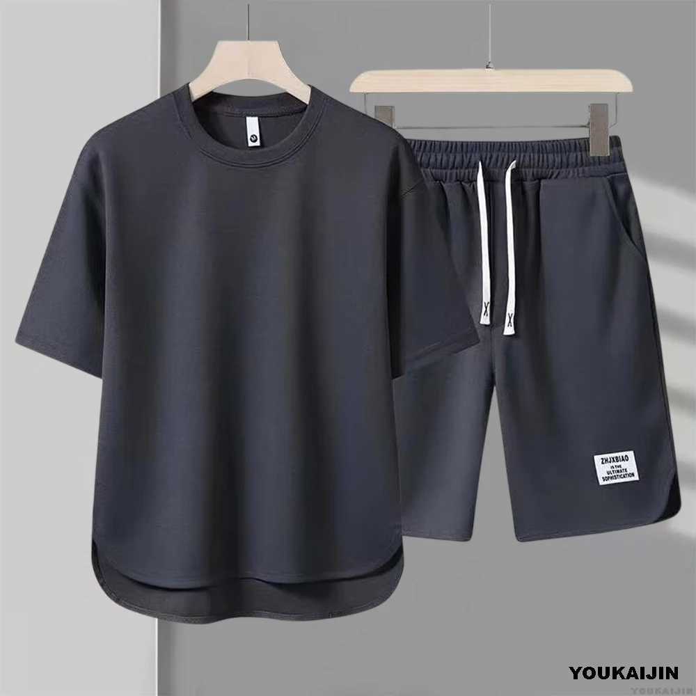 Mens Xinhua Biscuit Summer Set 2025 Korean Casual T-shirt+Shorts Set Mens Solid Color Loose SetXJ250326