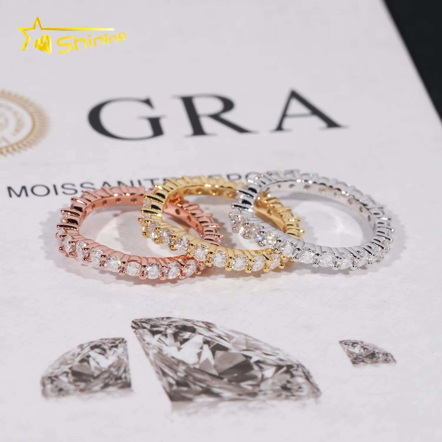 Fashion Design VVS Moissanite Round Band Engagement Ring Gold Plated 18K 925 Sterling Silver Wedding Rings