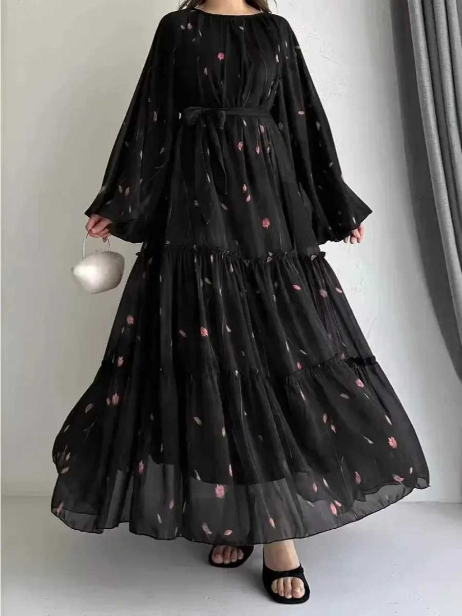 Eid Muslim Abaya Dress for Women Print Chiffon Sashes Jalabiya Kaftan Islam Vestidos Largo Arab Long Robe Ramadan Morocco Abayas X2505141
