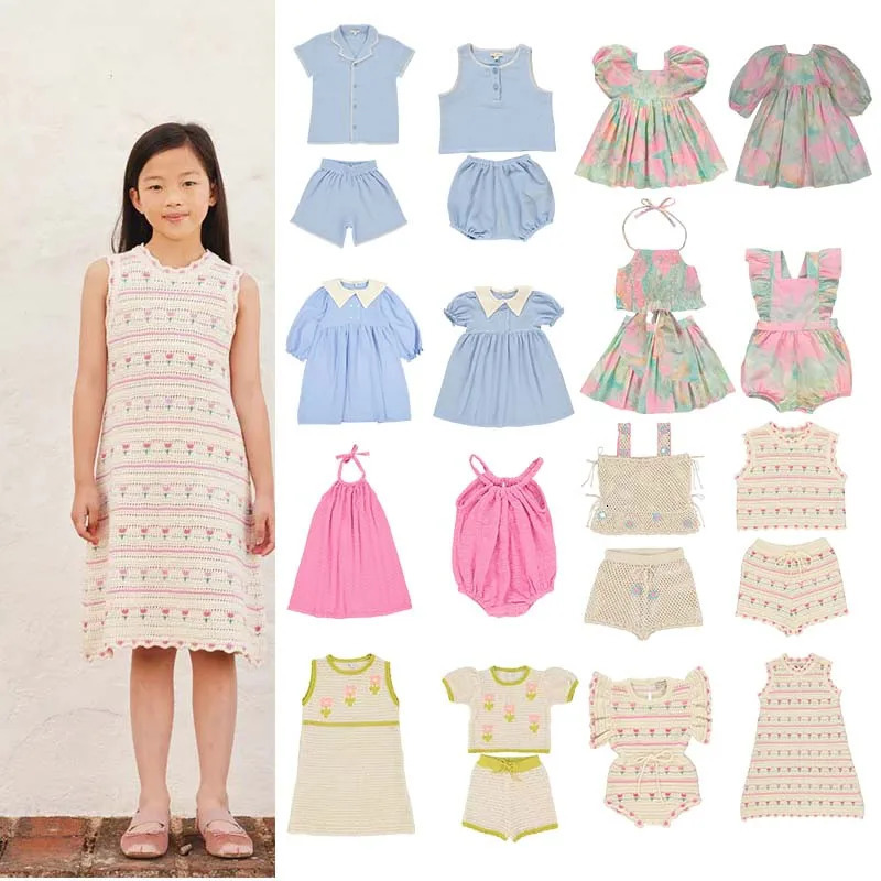 BEBE Knitted Set 2025 Summer Girls Lapel Solid Color Dress Baby Flowers Knitted Sleeveless Top Shorts 250326
