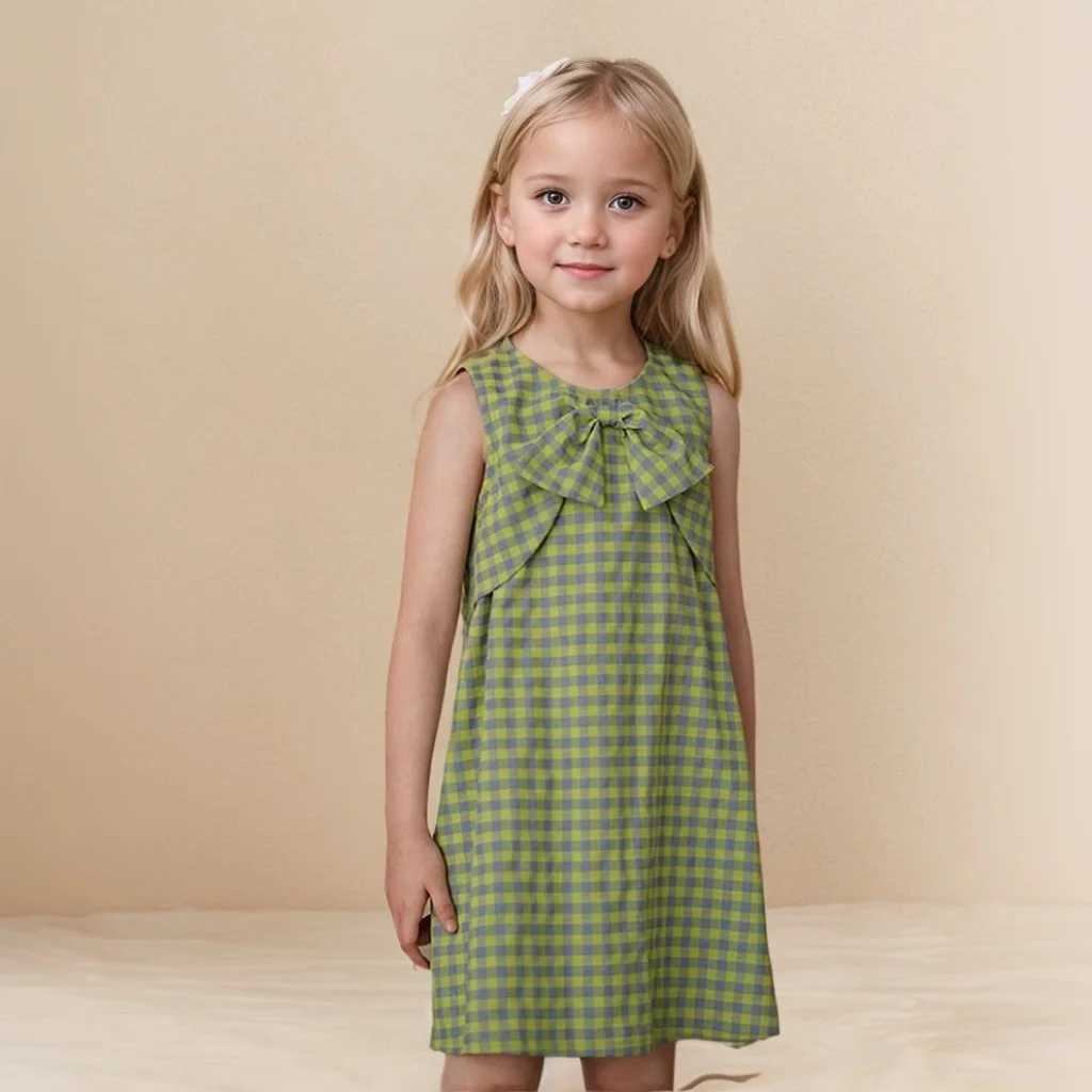 Summer Kids Babys Big Girls Dress Cotton Bow Sleeveless Plaid Toddler Girl Princess Dress Vacation Little Girl Vest Dress W250326
