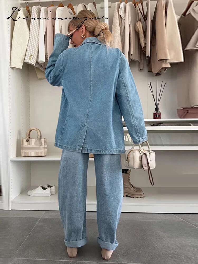 Urban Women Denim Coat Lapel Collar Pockets Single Breated Buttons Long Sleeves Light Blue Loose Spring Casual Female Top