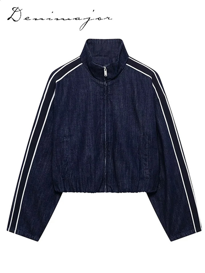 Street denim striped pants set womens long sleeved stand up collar pocket zipper jacket straight lace casual jeans 250326