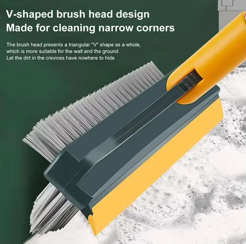 3 in 1 Broom Adjustable Tool Bathroom Home Cleaning Water Squeegee Stiff Bristle Corner Gap or Clean Brush