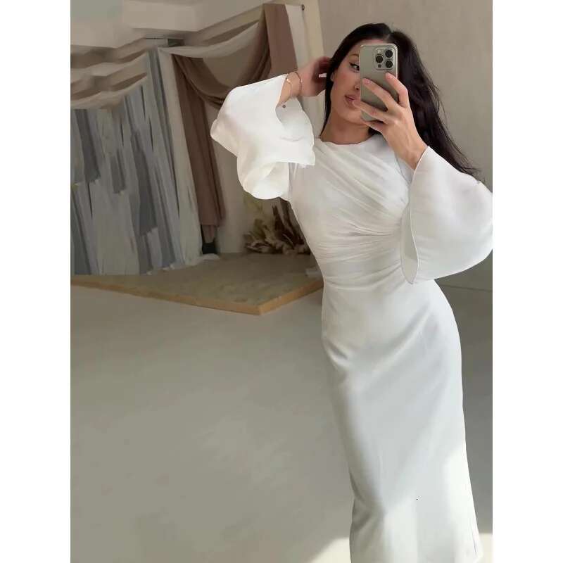 Dongdumaoyi Effen Kleur Eenvoudige Taille Knipperende Sexy Bodycon Jurk Lange Mouw Ruches Elegante High End C