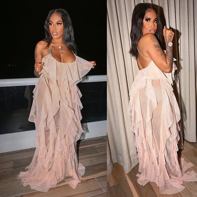 Sexy Mesh Beach Maxi Dresses Women Spaghetti Strap Ruffle Robe Swimwear Summer Fashion Backless Swimsuit Cover Up 250326