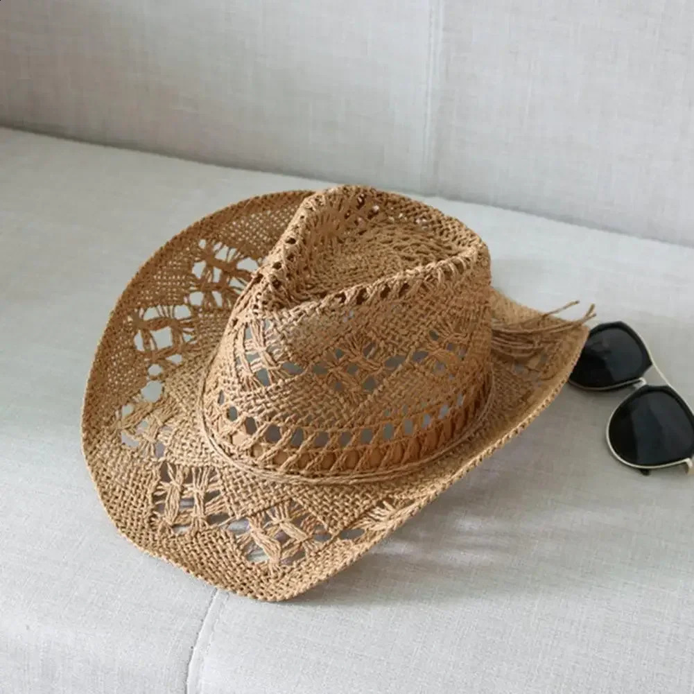 Straw Western Cowboy Hat for Women Men Classic Vintage Hollow Out Unisex Curled Wide Brim Sun Hat Fishing Hat Climbing Cap 250326