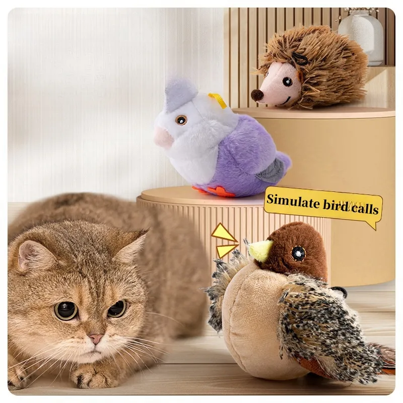 New Cat Toy Touching Sensing Sound Teasing Stick Plush Simulation Little Bird Hedgehog Finless Porpoise Teeth Grinding