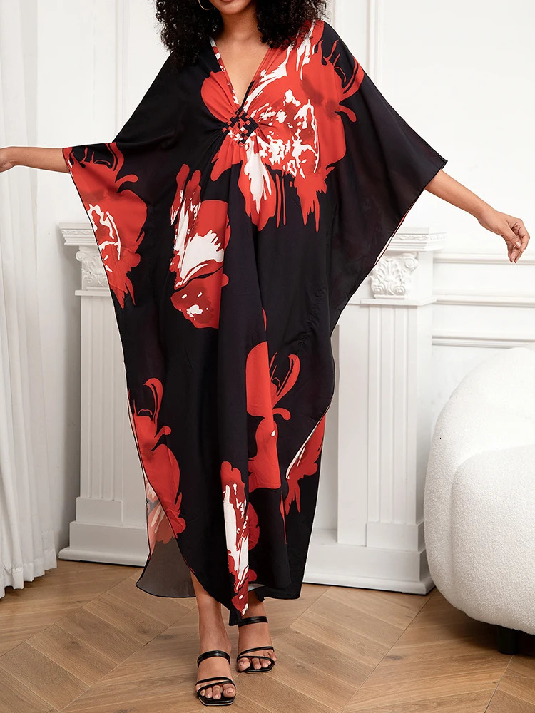 Womens Vneck long Kaftan dress oversized loose beach suit Maxi long beach dress covering 2025 pants suitable for beach Pareo 250324